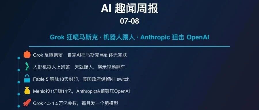 AI趣闻周报·7月8日｜Grok狂喷马斯克，机器人上班踢人，Anthropic碾压OpenAI